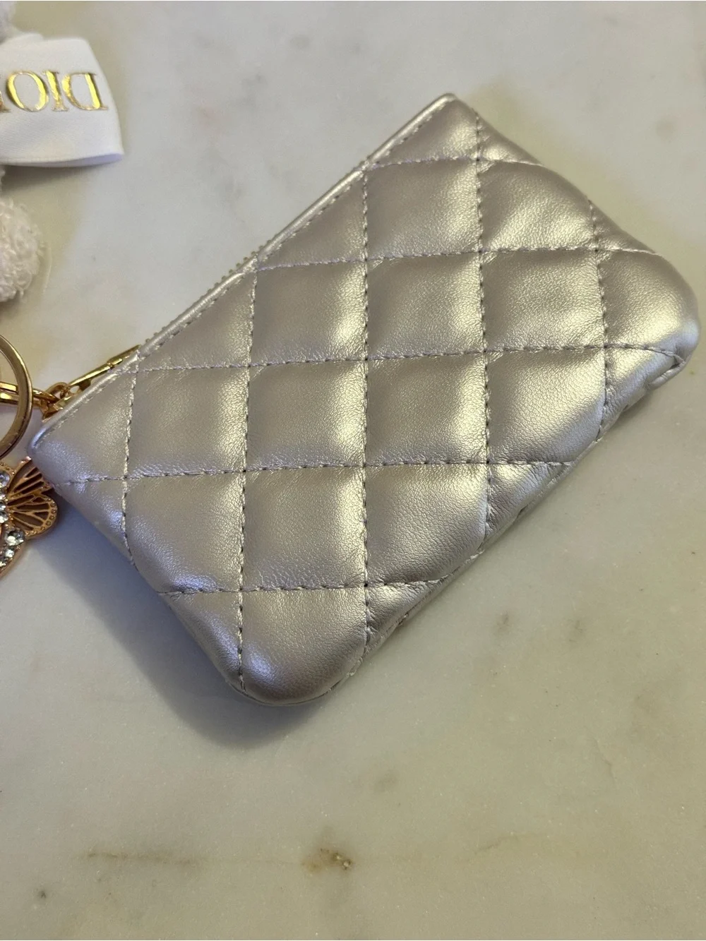 Fashion Bear Keychain Wristlet w/AUTHENTIC  DIOR Zip Pull, Ribbon, Dusty